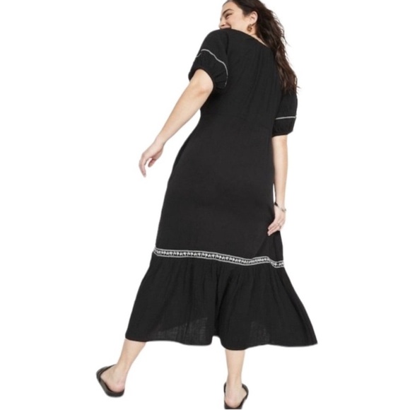 Old Navy Black Crinkle Crepe Gauzy V-Neck Boho Maxi Prairie Dress Size Small - Picture 2 of 15